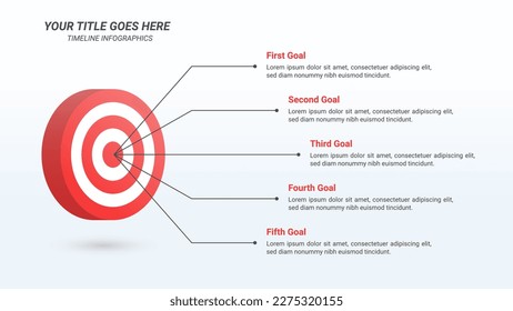 Company Goals Infographic Presentation Template on a 16:9 Ratio with 3D Isometric Bullseye or Target Board with 5 Steps for Business Goals, Business Report, and Website Design.