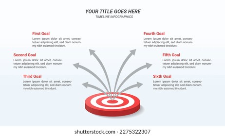 Company Goals Infographic Presentation Template on a 16:9 Ratio with 3D Isometric Bullseye or Target Board with 6 Steps and Arrows for Business Goals, Business Report, and Website Design.