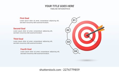 Plantilla de presentación Infográfica de Objetivos de la Empresa con cuatro opciones en una relación 16:9 con una placa 3D Isometric Bullseye o Target y Flechas para Objetivos de Negocio, Informes de Negocio y Diseño de Sitios Web.