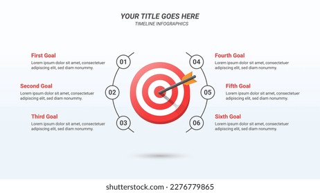 Plantilla de presentación Infográfica de Objetivos de la Empresa con seis opciones en una relación 16:9 con una placa 3D Isometric Bullseye o Target y Flechas para Objetivos de Negocio, Informes de Negocio y Diseño de Sitios Web.