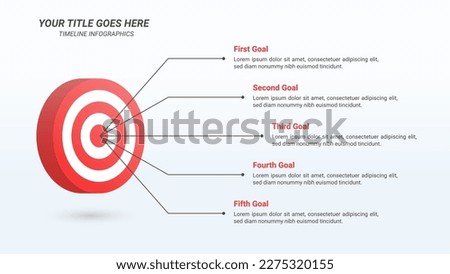 Company Goals Infographic Presentation Template on a 16:9 Ratio with 3D Isometric Bullseye or Target Board with 5 Steps for Business Goals, Business Report, and Website Design.