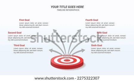 Company Goals Infographic Presentation Template on a 16:9 Ratio with 3D Isometric Bullseye or Target Board with 6 Steps and Arrows for Business Goals, Business Report, and Website Design.