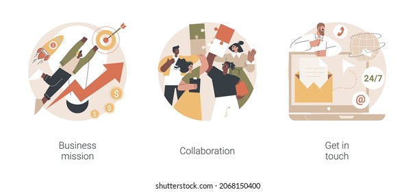 Company Goals And Philosophy Abstract Concept Vector Illustration Set. Business Mission, Working Team Collaboration, Get In Touch, Feedback Online Form, Company Address, Live Chat Abstract Metaphor.