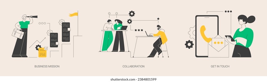 Company goals and philosophy abstract concept vector illustration set. Business mission, working team collaboration, get in touch, feedback online form, company address, live chat abstract metaphor.