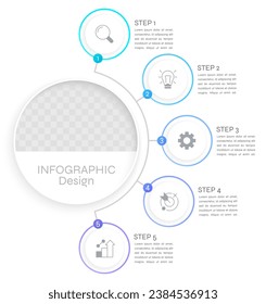 Company goals reaching ways infographic chart design template. Editable infochart with icons. Instructional graphics with 5 step sequence. Visual data presentation. Syne Regular font used