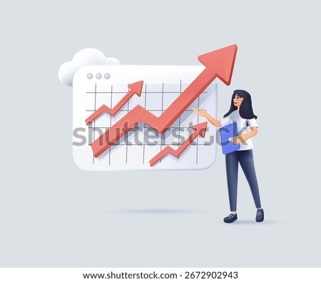Company growth 3D render vector illustration, boost profit or increase revenue, success investment or growing sales, report or improvement, business woman present graph with high improvement bar chart