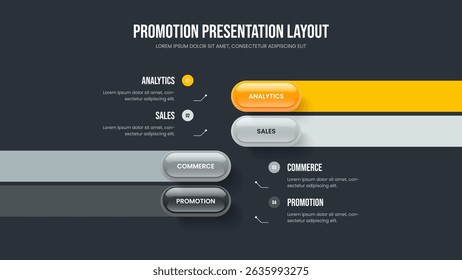 Company Growth 4 Element Infographic Slide Design. Product Review Four Step Diagram Presentation Layout. Consulting Analysis Frame Template Vector Illustration.