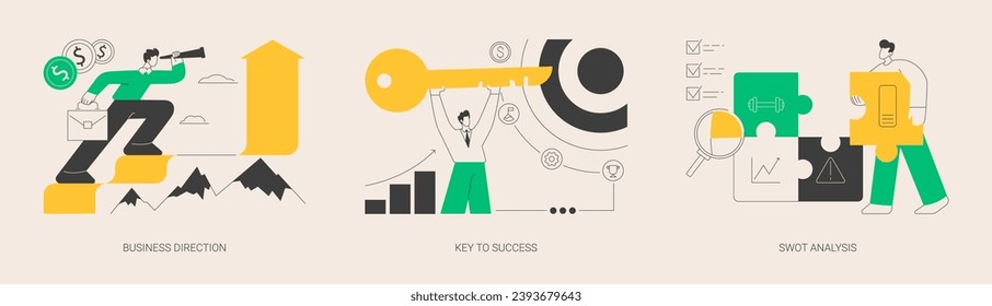 Company growth abstract concept vector illustration set. Business direction, key to success, SWOT analysis, business assets, company mission, vision and philosophy, strategy abstract metaphor.