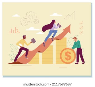 Company growth concept. People go up arrow. Income growth. Graphs, diagrams and charts, analytical department and financial literacy. Money, cash and profit. Cartoon flat vector illustration