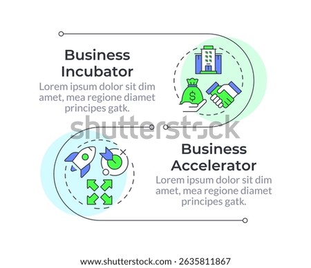 Company growth programs infographic vertical sequence. Business expansion, funding. Visualization infochart with 2 steps. Circles workflow