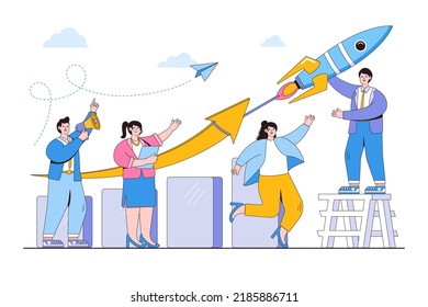 Company growth strategy, collaboration or teamwork to increase revenue, and improvement plan for business success concepts. Businesspeople team working and help to improve bar graph using big rocket.