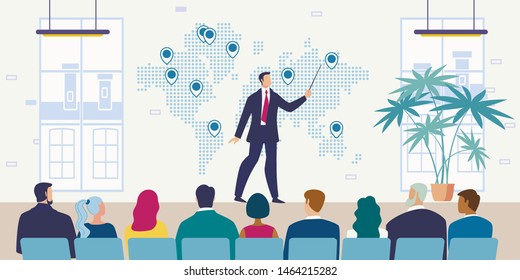 Company Growth Strategy Presentation Flat Vector Concept with Employee or CEO Pointing on World Map with Pins, Presenting International Investment Project, Lecturer Conducting Meeting Illustration