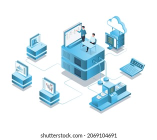 Company headquarters and branches in isometric illustration