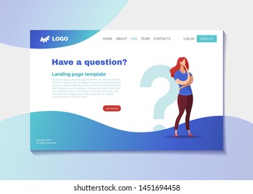 Company helpline landing page vector template. Corporate FAQ webpage design layout with text space. Confused customer, client needs help cartoon character. User profile, registration tips website page