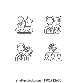 Company hierarchical structure linear icons set. Production department. Investor. Outsourcing practice. Customizable thin line contour symbols. Isolated vector outline illustrations. Editable stroke