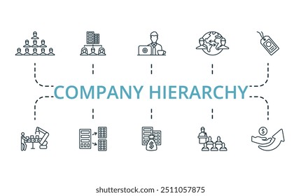 Company Hierarchy thin line icon set. Monochrome simple Company Hierarchy icon collection. Hierarchy, Organization, Employee, Globalization, Brand, Production, Branch Office, Budget, Conference