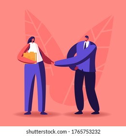 Company Hiring Manager Welcoming New Employee. Business Man Character Greeting Applicant with Work Appointment. Businessman Shaking Hand to Recruit Girl in Office. Cartoon People Vector Illustration