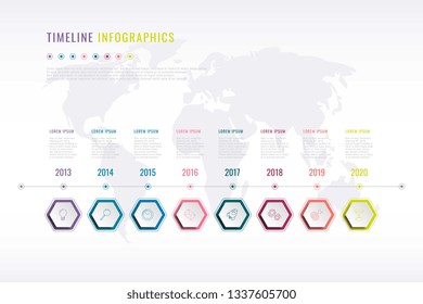 Company History Infographic With Hexagonal Elements, Year Indication And World Map On Background. Modern Realistic 3d Business Data Visualisation. Vector Corporate Presentation Slide Template. Eps 10