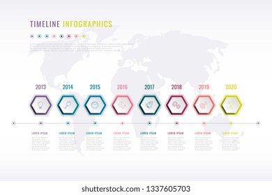 Company History Infographic With Hexagonal Elements, Year Indication And World Map On Background. Modern Realistic 3d Business Data Visualisation. Vector Corporate Presentation Slide Template. Eps 10