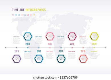 Company History Infographic With Hexagonal Elements, Year Indication And World Map On Background. Modern Realistic 3d Business Data Visualisation. Vector Corporate Presentation Slide Template. Eps 10