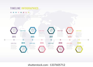 Company History Infographic With Hexagonal Elements, Year Indication And World Map On Background. Modern Realistic 3d Business Data Visualisation. Vector Corporate Presentation Slide Template. Eps 10