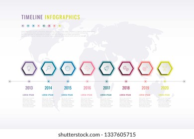 Company History Infographic With Hexagonal Elements, Year Indication And World Map On Background. Modern Realistic 3d Business Data Visualisation. Vector Corporate Presentation Slide Template. Eps 10