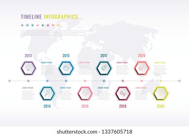 Company History Infographic With Hexagonal Elements, Year Indication And World Map On Background. Modern Realistic 3d Business Data Visualisation. Vector Corporate Presentation Slide Template. Eps 10