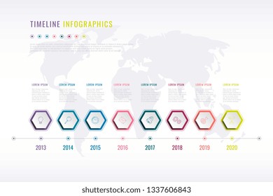 Company History Infographic With Hexagonal Elements, Year Indication And World Map On Background. Modern Realistic 3d Business Data Visualisation. Vector Corporate Presentation Slide Template. Eps 10