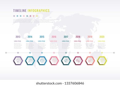 Company History Infographic With Hexagonal Elements, Year Indication And World Map On Background. Modern Realistic 3d Business Data Visualisation. Vector Corporate Presentation Slide Template. Eps 10