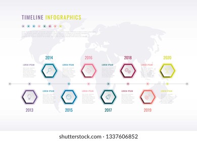 Company History Infographic With Hexagonal Elements, Year Indication And World Map On Background. Modern Realistic 3d Business Data Visualisation. Vector Corporate Presentation Slide Template. Eps 10