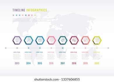 Company History Infographic With Hexagonal Elements, Year Indication And World Map On Background. Modern Realistic 3d Business Data Visualisation. Vector Corporate Presentation Slide Template. Eps 10