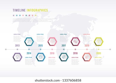 Company History Infographic With Hexagonal Elements, Year Indication And World Map On Background. Modern Realistic 3d Business Data Visualisation. Vector Corporate Presentation Slide Template. Eps 10