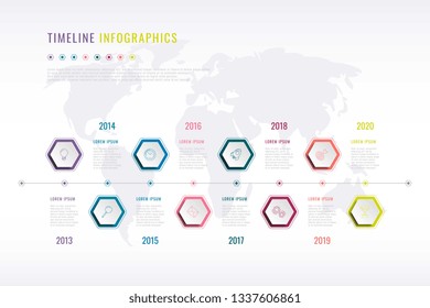 Company History Infographic With Hexagonal Elements, Year Indication And World Map On Background. Modern Realistic 3d Business Data Visualisation. Vector Corporate Presentation Slide Template. Eps 10