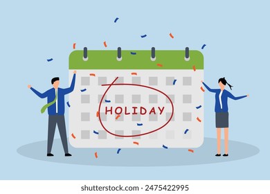 Company holiday for employee to take a break and recharge,  businessman with  big calendar jump for joy to celebrate the long holiday.