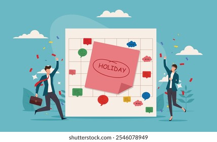 Feriado da empresa para o funcionário fazer uma pausa e recarregar. Grande calendário. Celebrando férias com um funcionário alegre