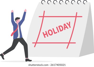Company holiday for employee to take a break and recharge, employee appreciation day or long holiday happiness concept, business people with big calendar jumping with joy to celebrate long holiday.

