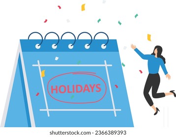 Company holiday for employees to take a break and recharge, employee appreciation day or long holiday happiness, People with big calendar, Jumping with joy to celebrate long holidays

