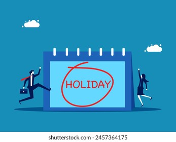 Company holidays. Businessman jumping with joy to celebrate holiday with calendar 