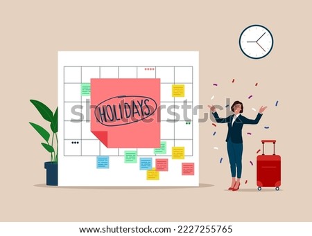 Company holidays for employees. Big calendar, businesswoman jumping with joy to celebrate long holidays or vacation. Flat modern vector illustration. 