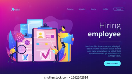 Company hr managers hiring a new employee using resume, magnifier and megaphone. Hiring employee, filling out resume, hiring process concept. Website vibrant violet landing web page template.