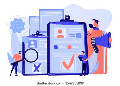 Company hr managers hiring a new employee using resume, magnifier and megaphone. Hiring employee, filling out resume, hiring process concept. Pink coral blue vector isolated illustration