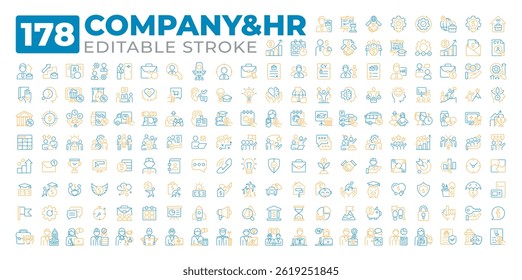 Company and HR two color line icons set collection. Corporate workflow management. Talents employment. Human resources bicolor outline mega pack isolated. Duotone thin lineart. Editable stroke