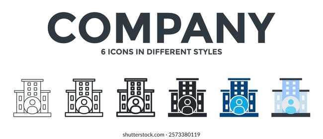 Company Icon In Different Style Vector Illustration. Designed In Thin Line, Regular Line, Bold Line, Glyph, Color Fill, And Flat Style Can Be Used For Web