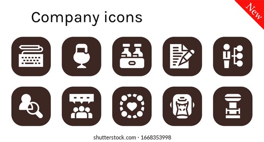 company icon set. 10 filled company icons. Included Keyboard, Beer, Letter, Skills, Friends, Teamwork, Group, Gorilla, Tesla coil icons