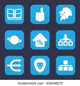 Company icon. set of 9 filled company icons such as lion, structure, office room, photo album, mortgage