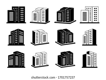 Company Icon And Silhouette Building, 3D Bank And Office Vector Set, Line Modern Construction On White Background