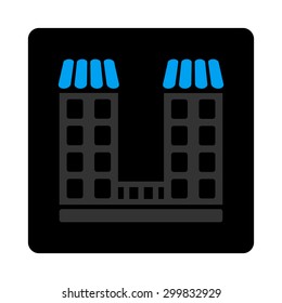 Company icon. This flat rounded square black button uses gray and blue colors and isolated on a white background.