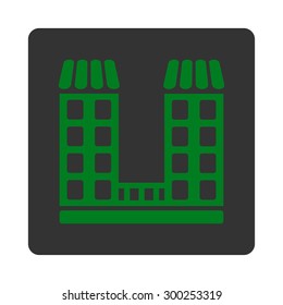 Company icon. This flat rounded square button uses green and gray colors and isolated on a white background.