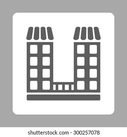 Company icon. This flat rounded square button uses dark gray and white colors and isolated on a silver background.