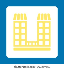 Company icon. This flat rounded square button uses yellow and white colors and isolated on a blue background.